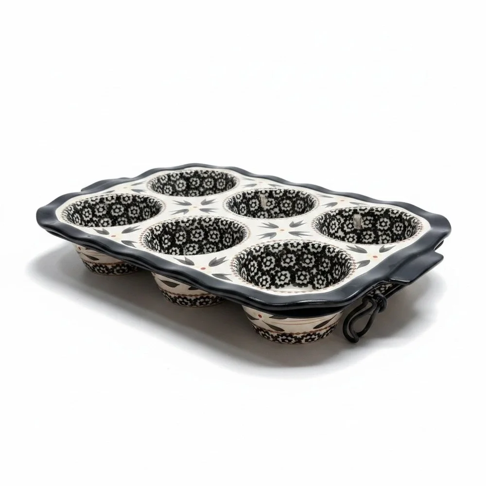 Temp-tations by Tara Old World Black Cream 6 Cup Ceramic Muffin Pan W/ Wire Rack